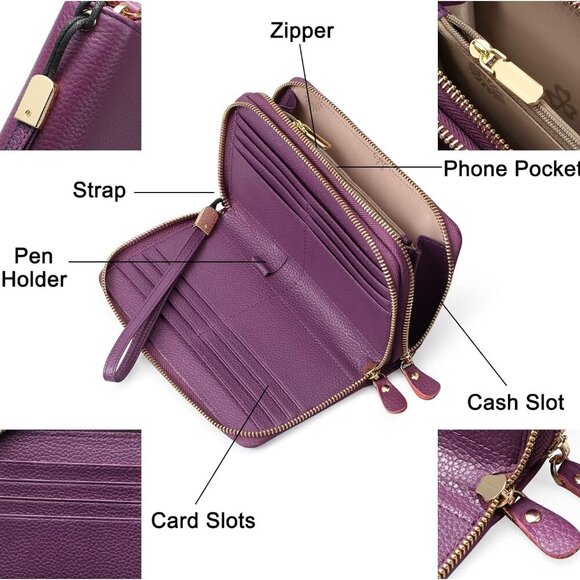Leather Women Wallet RFID Blocking Zipper Around Phone Holder Clutch - Picture 3 of 6
